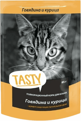 Влажный корм для кошек Tasty Cat С говядиной и курицей в желе