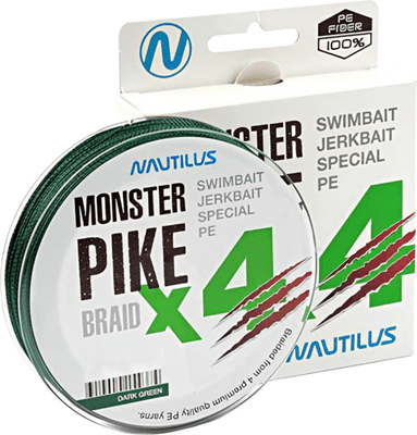 Лески рыболовные NAUTILUS Monster Pike Braid X4 Dark Green d-0.41 36.2кг 80lb /06-24300334