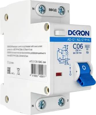 Дифференциальный автомат DEKRON АД12 1P+N С06A АС30мА 4.5kA / ad12-2-C06-30AC-dek