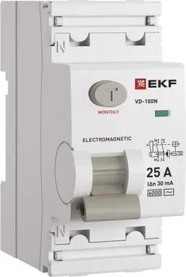 Дифференциальный автомат EKF PROxima ВД-100N 2P 25А 30мА тип AC эл-мех 6кА / E1026M2530