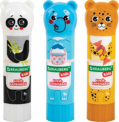 Клей-карандаш Brauberg Kids. Зверята: панда, слон, леопард / 272473
