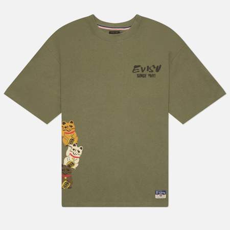 Мужская футболка Evisu Heritage Fortune Cat Daruma Printed, цвет оливковый, размер M