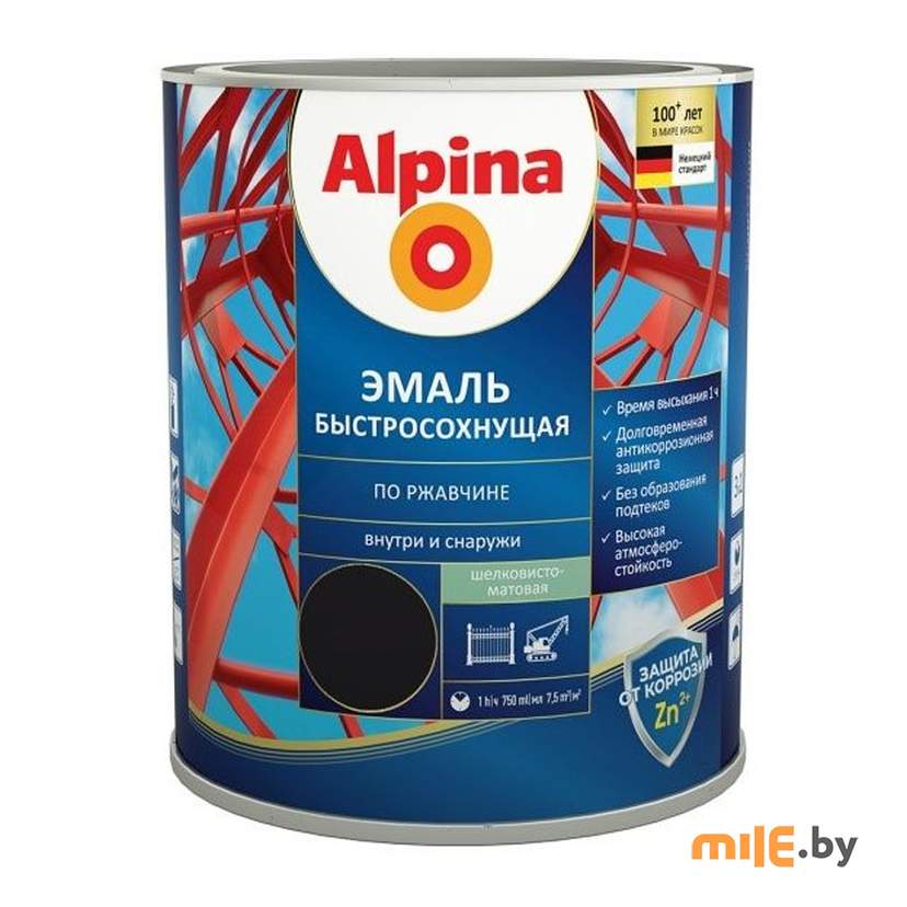 Грунт-эмаль Alpina Эмаль по ржавчине шелковисто-матовая (RAL9005) 750 мл