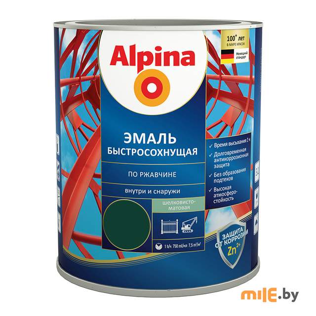 Грунт-эмаль алкидная Alpina Эмаль быстросохнущая по ржавчине шелково-матовая RAL6005 Зеленый 750 мл/ 0,9 кг