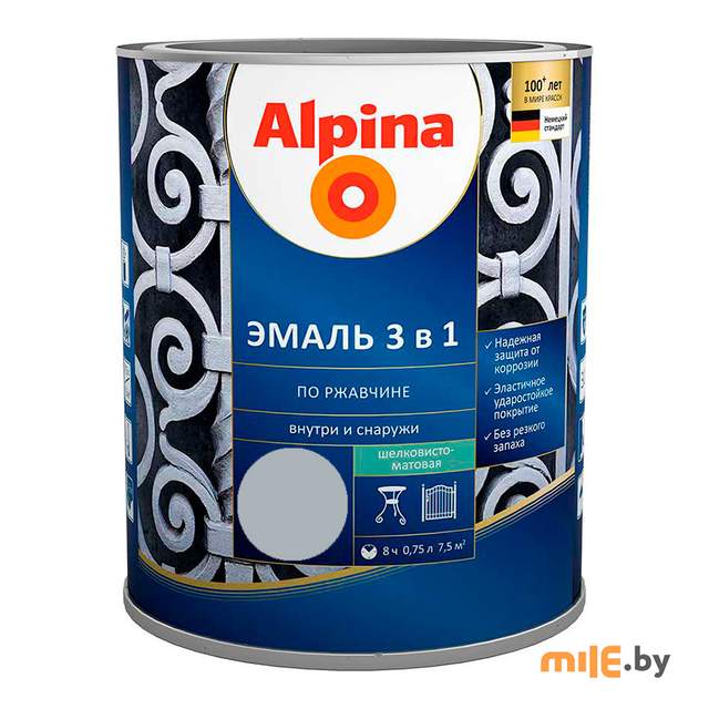 Эмаль Alpina по ржавчине 3 в 1 шелковисто-матовая RAL7040 серый 0,75 л/0,87 кг