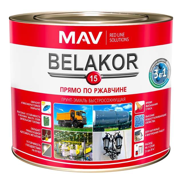 Грунт-эмаль BELAKOR 15 прямо по ржавчине 3 в 1 быстросохнущая RAL 6003 1 л (защитный)