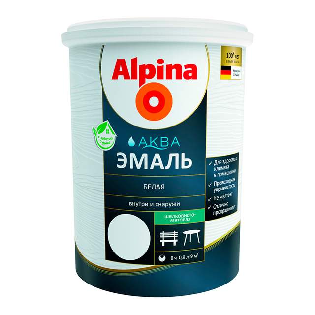 Эмаль акриловая Alpina АКВА Эмаль белая шелковисто-матовая 0,9 л / 1,1 кг