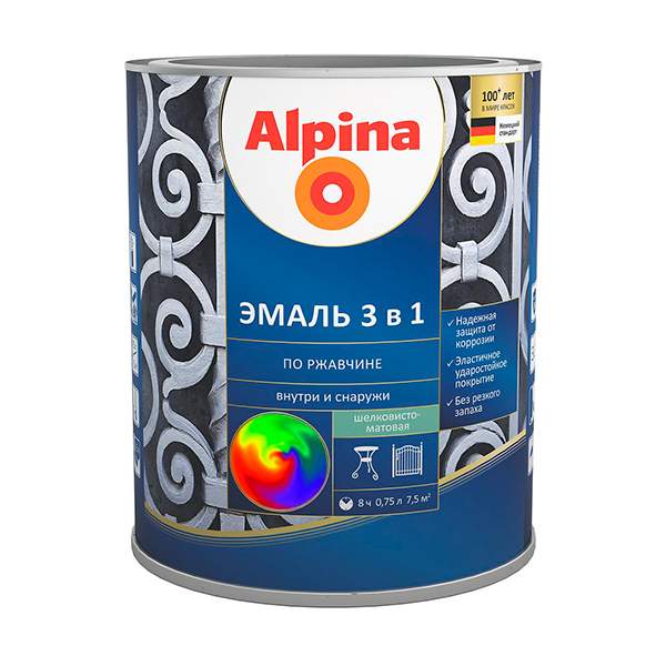 Эмаль Alpina по ржавчине 3 в 1 база 3 шелковисто-матовая 0,64 л/0,69 кг