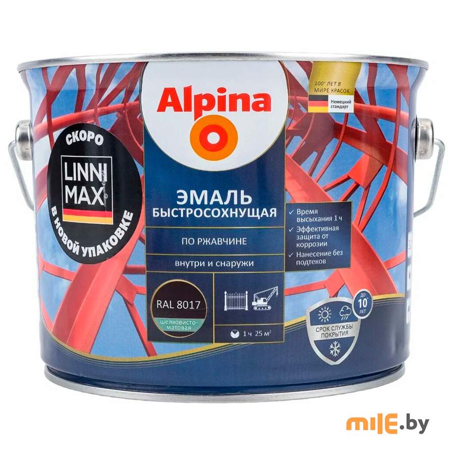 Эмаль Alpina быстросохнущая по ржавчине шелковисто-матовая RAL9005 чёрный 2 кг