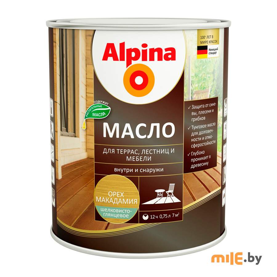 Масло для террас, лестниц и мебели Alpina шелковисто-глянцевое (орех макадамия) 0,75 л
