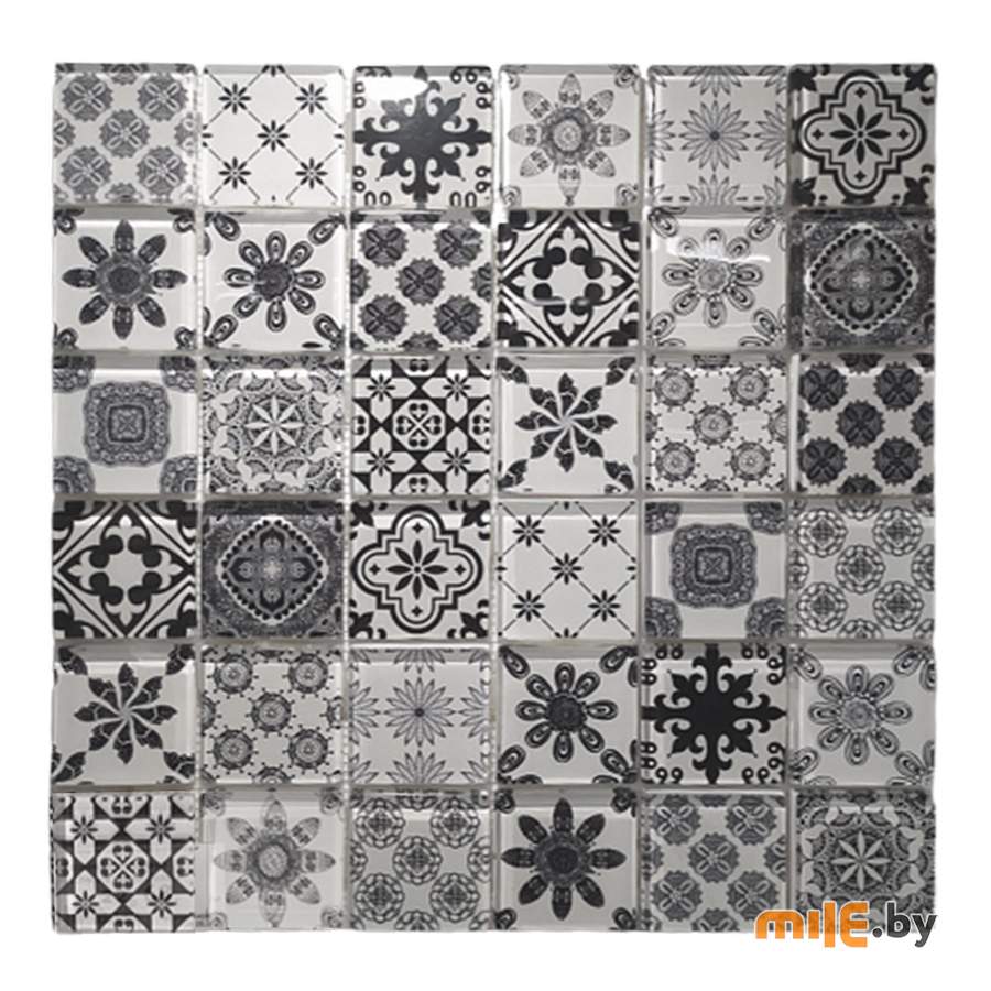 Мозаика ТайгерБел стеклянная Patchwork 300x300 (чёрно-белый)