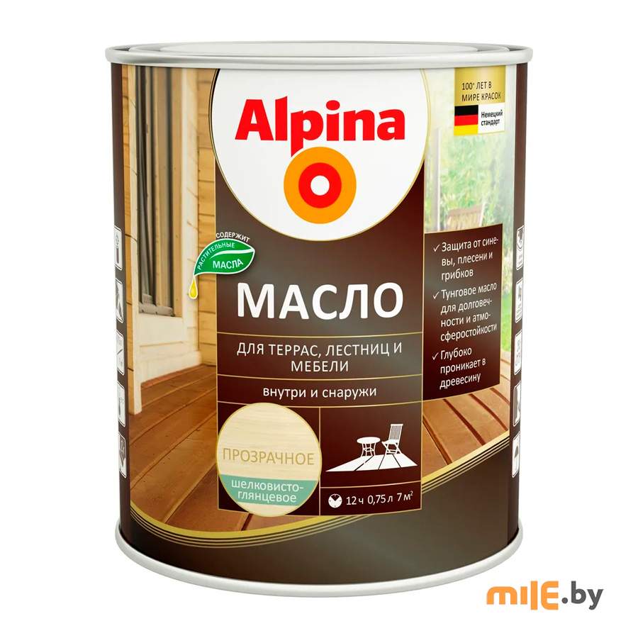 Масло для террас, лестниц и мебели Alpina шелковисто-глянцевое (бесцветный) 0,75 л
