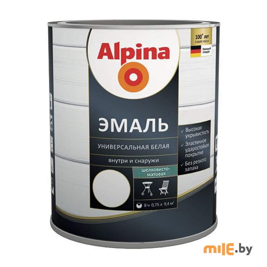 Эмаль алкидная Alpina Эмаль универсальная белая шелковисто-матовая 0,75 л/ 0,89 кг