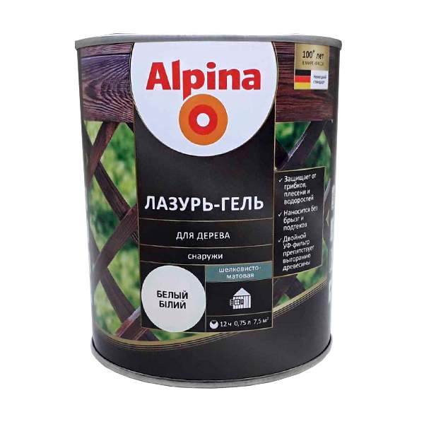 Лазурь-гель для дерева Alpina шелковисто-матовая цветная белый 0,75 л / 0,70 кг