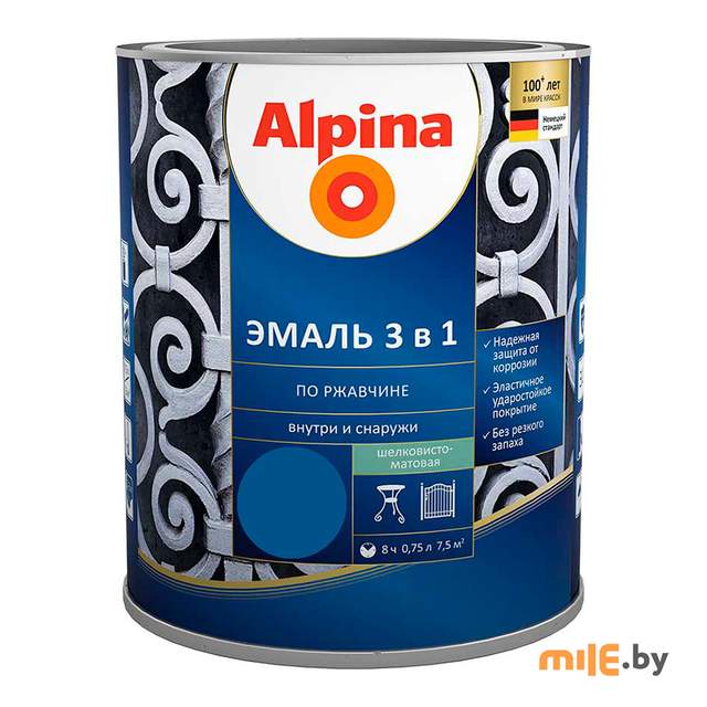 Эмаль АУ Alpina Эмаль по ржавчине 3 в 1 шелковисто-матовая RAL5005 Синий 0,75 л / 0,80 кг