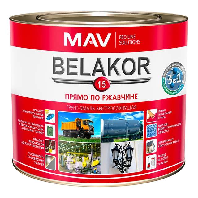 Грунт-эмаль BELAKOR 15 прямо по ржавчине 3 в 1 быстросохнущая 1 л (белый)