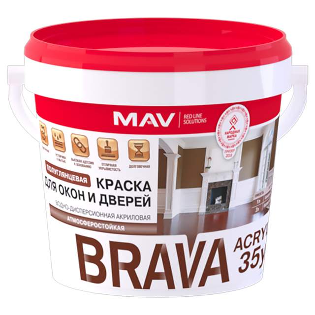 Краска Brava ВД-АК 1035у полуглянцевая для окон и дверей белая 1 л (1,1 кг)