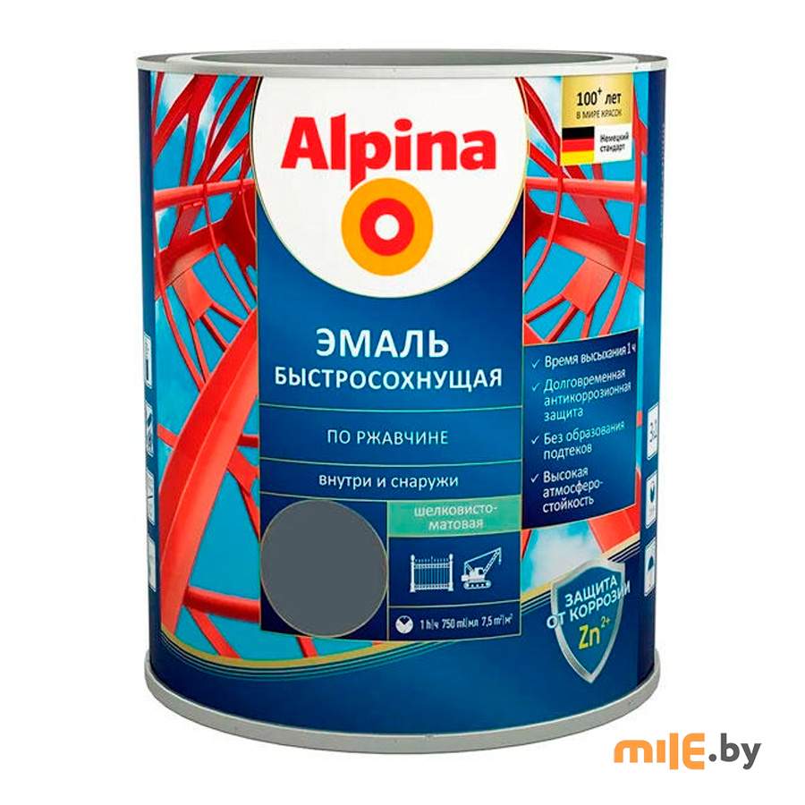 Эмаль Alpina быстросохнущая по ржавчине шелковисто-матовая RAL7024 графитовый серый 0,9 кг
