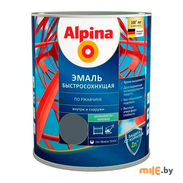 Эмаль Alpina быстросохнущая по ржавчине шелковисто-матовая RAL7024 графитовый серый 0,9 кг