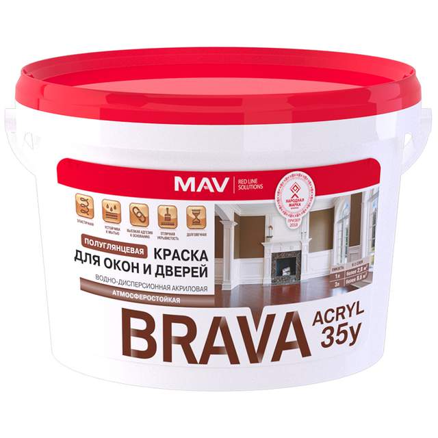 Краска Brava ВД-АК 1035у полуглянцевая для окон и дверей белая 3,3 кг (3 л)