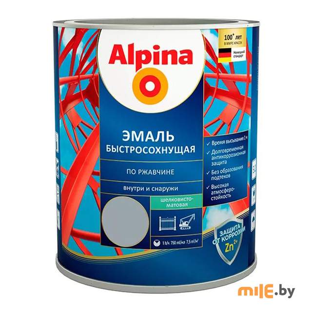 Грунт-эмаль алкидная Alpina Эмаль быстросохнущая по ржавчине шелково-матовая RAL7040 серый 750 мл/ 0,9 кг