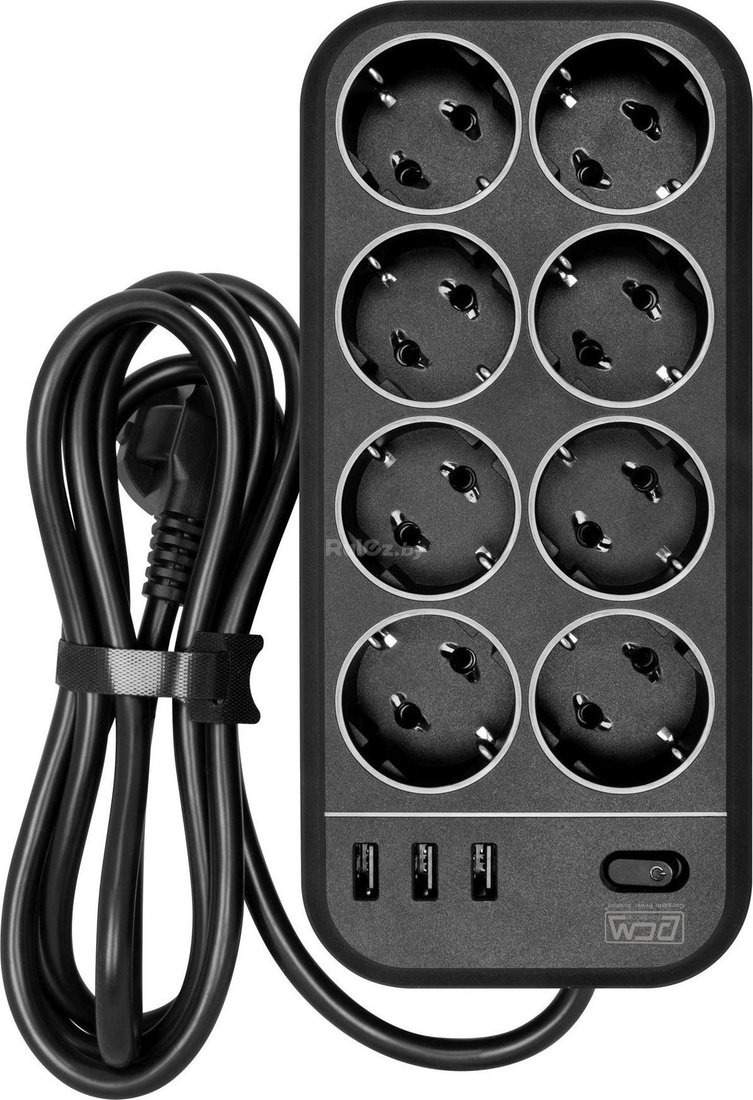 Сетевой фильтр Powercom SP-08 USB03AB (1.8 м, 8 розеток, черный)