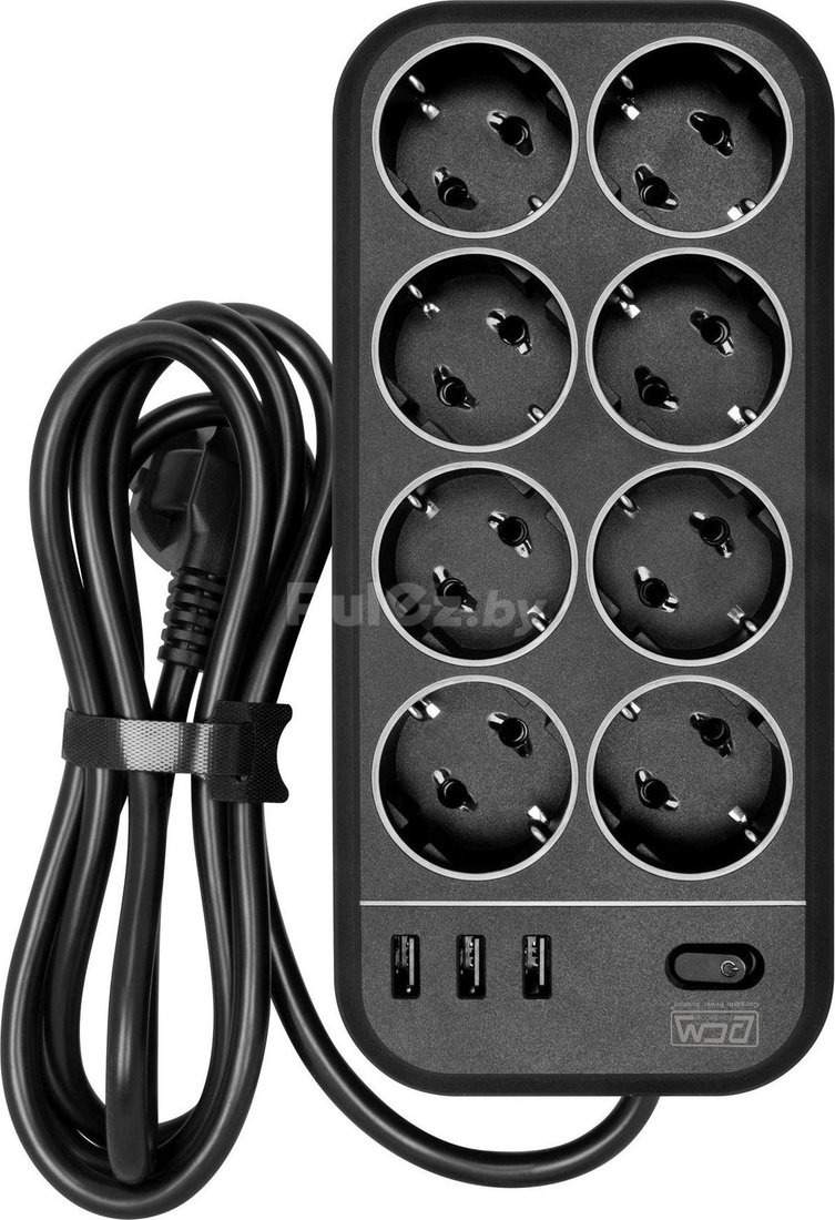 Сетевой фильтр Powercom SP-08 USB03AB (3 м, 8 розеток, черный)