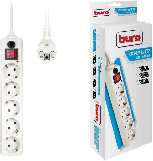Сетевой фильтр Buro 5 розеток, белый, 10 м [500SH-10-W]