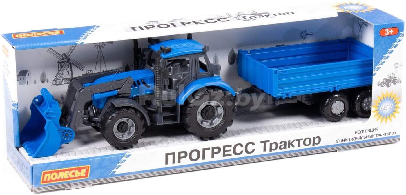 Трактор Полесье Прогресс с бортовым прицепом и ковшом 91819 (синий)