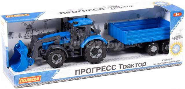 Трактор Полесье Прогресс с бортовым прицепом и ковшом 91819 (синий)