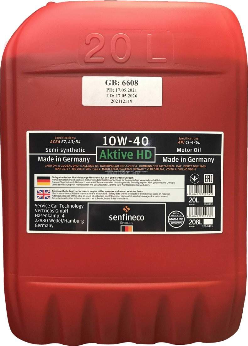 Моторное масло Senfineco Aktive HD 10W-40 API CI-4/SL ACEA E7, A3/B4, 20л