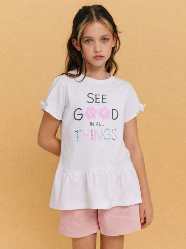 Блузка для девочек белая с принтом и надписью "see good in all things" Mark Formelle 24-33173П-0