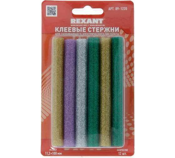 Стержни клеевые REXANT 11х100мм (12 шт, цветные с блестками) 09-1235