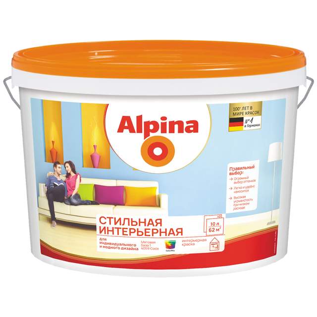 Краска ВД Alpina Стильная интерьерная База 1 мат 10л/14,8кг