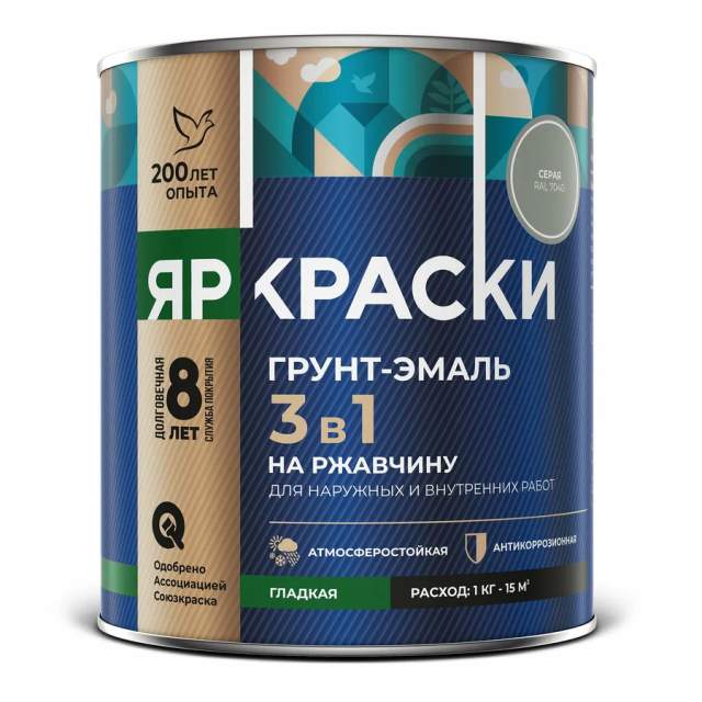 Грунт-эмаль ЯРКРАСКИ 3в1 по ржавчине гладкая серая RAL 7040 0,8кг