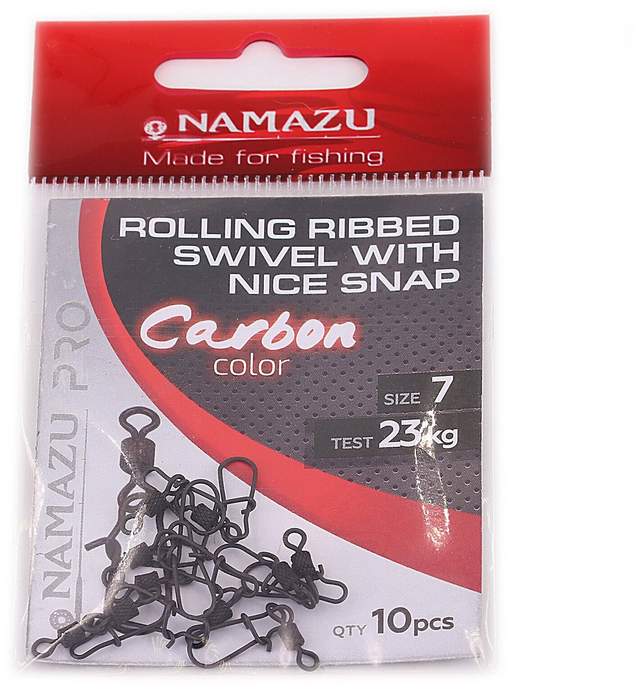 Вертлюг с застежкой Namazu Pro ROLLING RIBBED SWIVEL WITH NICE SNAP, цв. Carbon, р. 7, test-23 кг, к