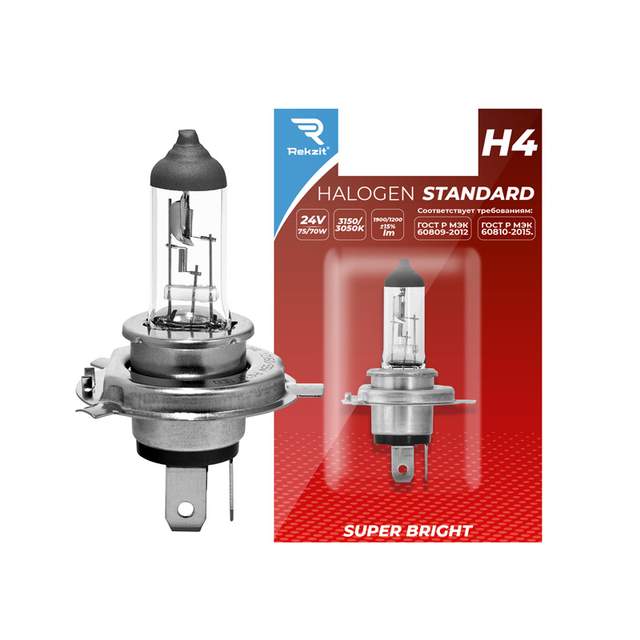 Автолампа галогенная REKZIT H4 24V75/70W P43T Standard блистер 1шт