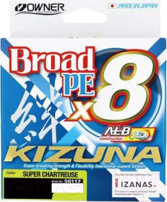 Леска плетеная Owner Kizuna X8 Broad PE Chartreuse 135м 0.29мм 22.3кг / 56117-029