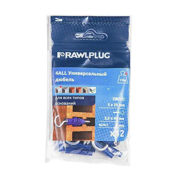 Дюбель универсальный D8х40мм +S-крюк 8шт 4ALL Rawlplug R-S5-4ALL-08S/8