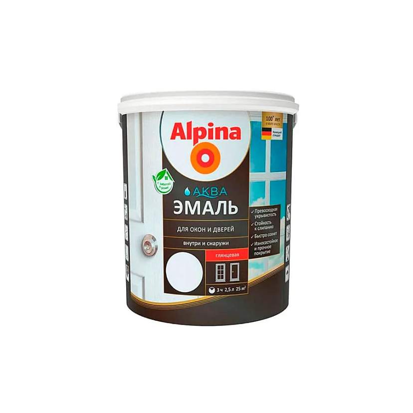 Эмаль Alpina Аква для окон и дверей глянцевая белая 2,5 л