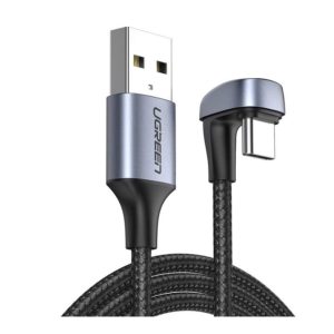 Кабель UGREEN USB-A 2.0-Type-C 3A загнутый в оплетке (черный