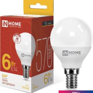 Светодиодная лампочка In Home LED-Шар-VC 6Вт 230В Е14 3000К 570Лм 4690612020501